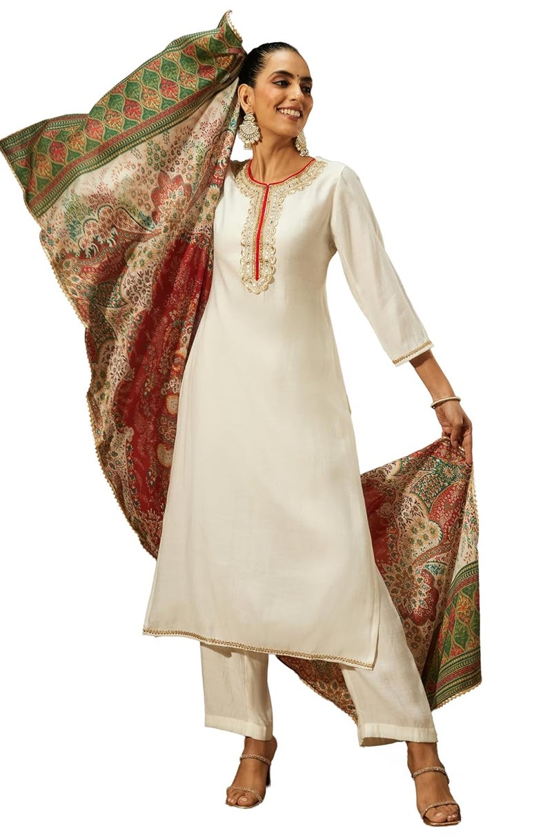 Janasya Women's Off White Silk Blend Embellished Straight Kurta Set - Image 1